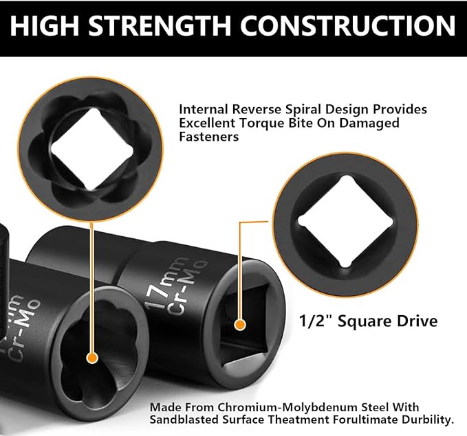Greywolf 5 pcs Wheel Nut Removal Tool Set, 1/2 Inch Impact Torque Socket Set and Bolt Extractor Set, Wheel Lock Removal Kit, Torque Socket Set for Damaged, Frozen, Rusted Round Bolts, Metric 17-22mm