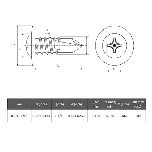 100Pcs #10 x 1-1/4" Self Drilling Screws for Metal,410 Stainless Steel Black Zinc Plated,Self Tapping Sheet Metal TEK Screws,Modified Truss Head