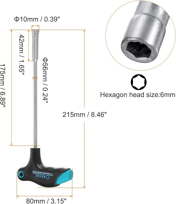 HARFINGTON T-Handle Metric Nut Driver 6mm Dia 215mm Shank 6 Point Hex Socket Screwdriver with Non-Slip Handle for Tightening and Loosening Fasteners