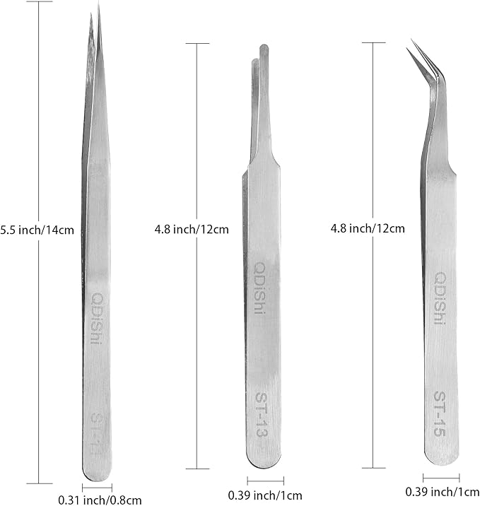 QDiShi Precision Tweezers Set,Upgraded Stainless Steel of Tweezers - Extra Fine,Angled,Blunt Tips for Electronics,Hobby, Industrial,Laboratory Work,Jewelry-Making,Model,Craft（3Pcs）