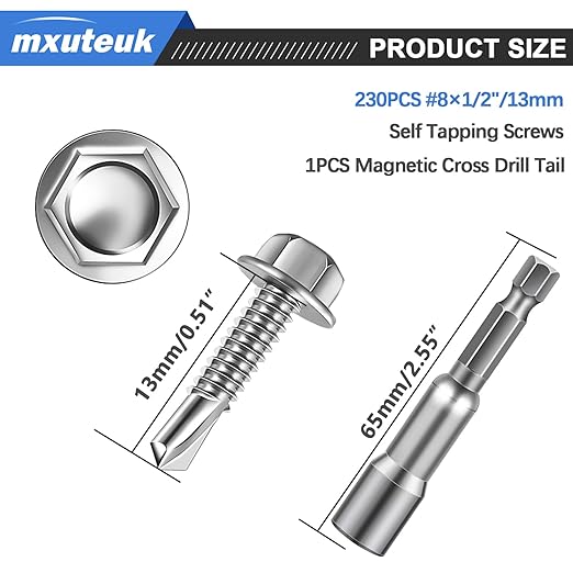 mxuteuk #8횞1/2" Self Tapping Screws,410 Stainless Steel Self Tapping Screws for Metal,Self Drilling Screws,Hex Washer Head Sheet Metal Screws Suitable for Wood, Metal or Tough Materials (230PCS)