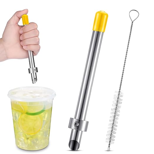 Lasnten 1 Pack Straw Puncher for Plastic Lids Lemonade Cups, Stainless Steel Straw Hole Puncher Punching Tools for Cafe Drinks Deli Container Fresh Squeezed Lemonade Stand Supplies(6.3 Inch,Yellow)