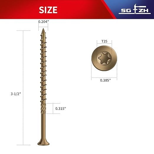 #10 x 3-1/2" Deck Screws (51Pcs) 1lb. Carbon Steel, Yellow, Flat Head, Rust Resistant epoxy Coated, with T25 Star Bit