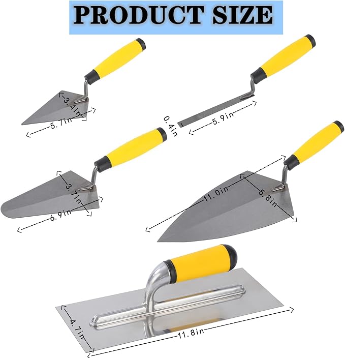 5PCS Masonry Hand Tool Set, Concrete Tools Set Includes Brick Trowel, Pointing Trowels,Margin, Tuck Pointing Tool