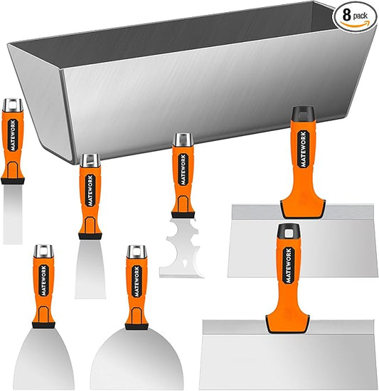 Drywall Tools, 8Pcs High Quality Stainless Steel Drywall Knife Set, Putty Knives with Mud Pan, Ergonomic Grip Tapping Knife with Hammer End for Wall Work