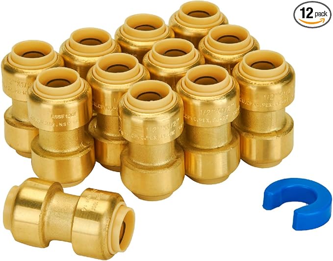 SUNGATOR 1/2 Inch Coupling, Push Pex Fittings 1/2 Inch, 1/2" Straight Coupling, No Lead Brass Push-to-Connect Fittings for Pex Pipe, Copper, CPVC, with 1 Disconnect Clip, Pack of 12