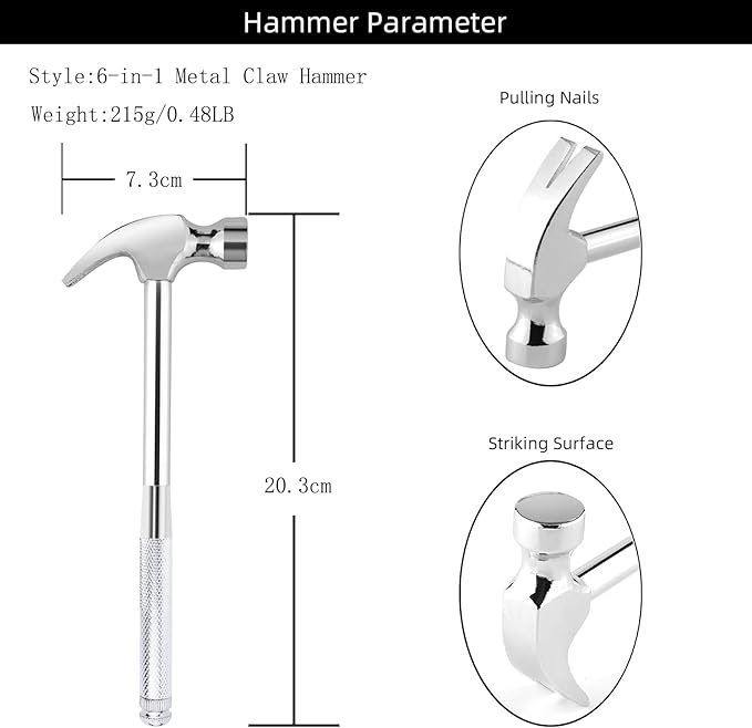 Mini Metal Hammer 6 in 1 with Slotted/Flat Head Phillips Screwdriver Claw Hammer Manual, Portable Multifunction Tool Hammer (Silver)