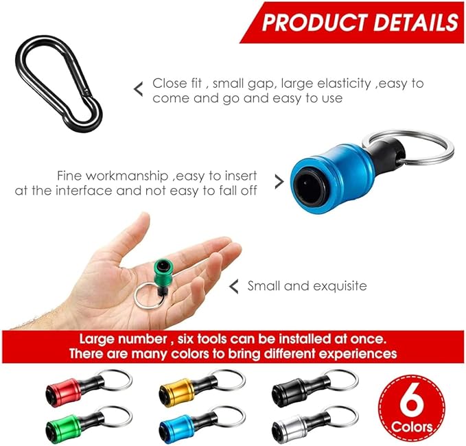 Bit Holder Key Chain 6pcs - 1/4 inch Hex Shank Bit Holders - Quick Release Design with Keychain Carabiner for Nut Driver, Screwdriver & Drill Bits, Aluminum Alloy, Color Coded - Gift for Men