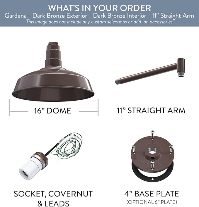 Steel Lighting Co. | Dusk to Dawn | Gardena Barn Light | Outdoor Wall Mounted | 16" Dome | 11" Straight Arm | Farmhouse Light Made in America | Dark Bronze/Dark Bronze