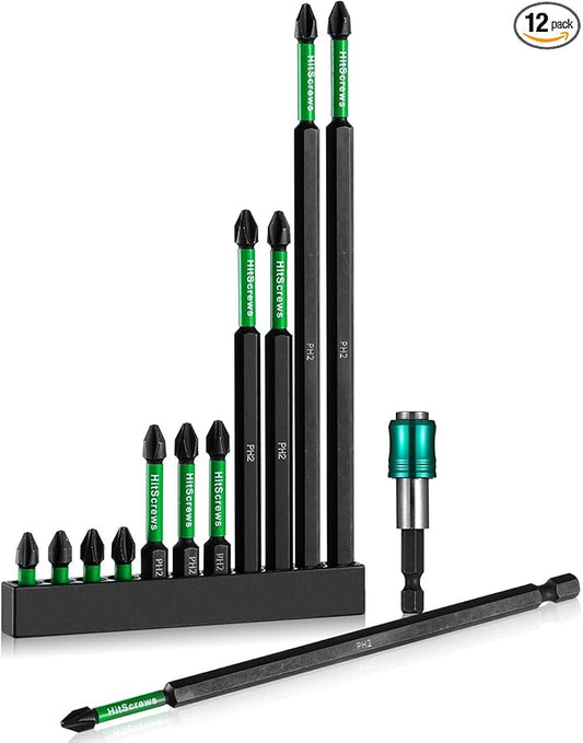 PH2 Long Phillips Screwdriver Bit Set ??12 Pack Mixed Length Phillips Impact Driver Bits with High Magnetic Bit Holder, S2 Steel, 1"/2"/4"/6" Magnetic Driver Bits