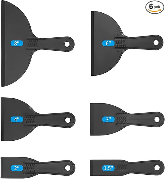 6-Pack Plastic Putty Knife Set, Non-Scratch Scraper & Spackle Spreader with Comfort Grip for Wall Repair, Patching, and Easy Clean up