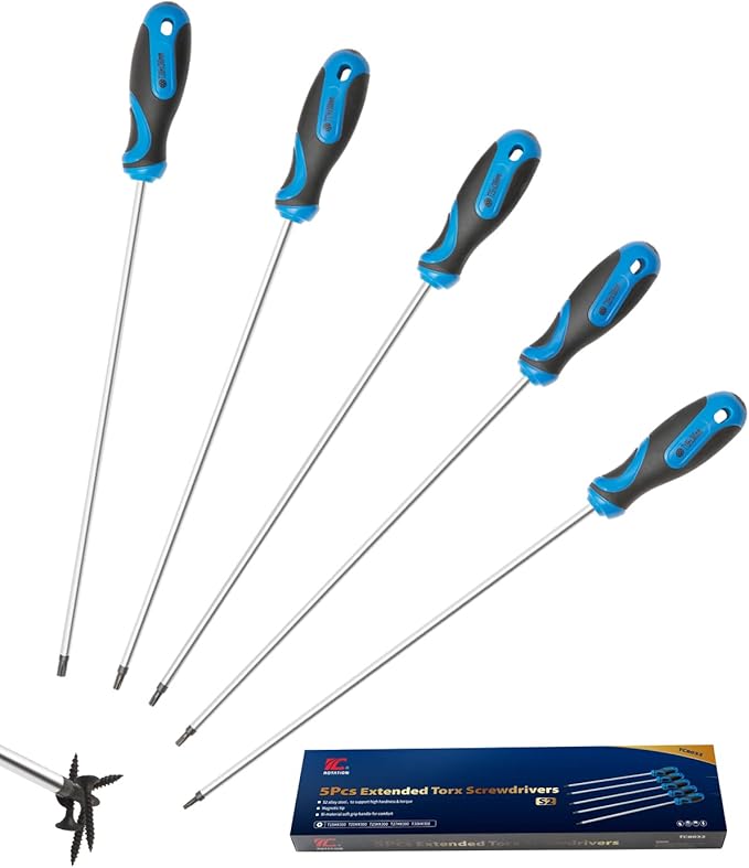 ROTATION Extra Long Torx Screwdrivers Set (5pc Set), S2 Steel, blade length 12-inch T15-T30, plus Long star Screwdrivers, 5-Piece Set