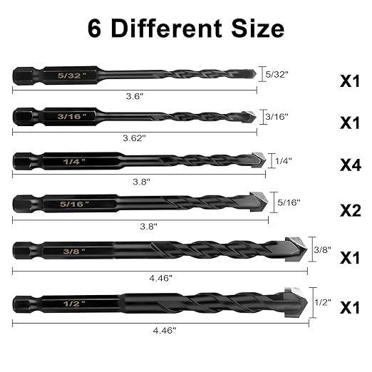 10Pcs Masonry Drill Bits Kit for Concrete, Stone, Carbide Drill Bit Set for Glass, Brick, Tile, Plastic, Ceramic and Wood Size 5/32 to 1/2 inch
