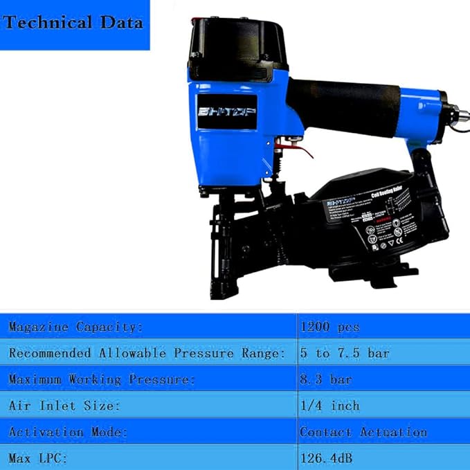 BHTOP CN45N Roofing Nailer, 15 Degree Roofing Nail Gun, 3/4-Inch to 1-3/4-Inch Coil Nails, 120-pcs Load Capacity Coil Nailer in Blue