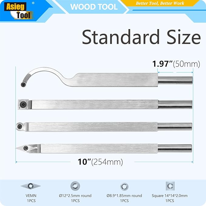 Carbide Tipped Woodturning Tools 7pcs Chise set Lathe Full Size Rougher Finisher Detailer Swan Neck Hollower Tools Set of 4 and 2 Interchangeable Wooden handle and 1 Dust shield