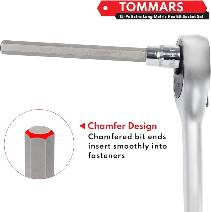 TOMMARS 15-PC Metric Long Hex Bit Socket Set, Extra Long Socket Set S2 Alloy Steel 3/8", 1/2" Drive, H2 - H19.