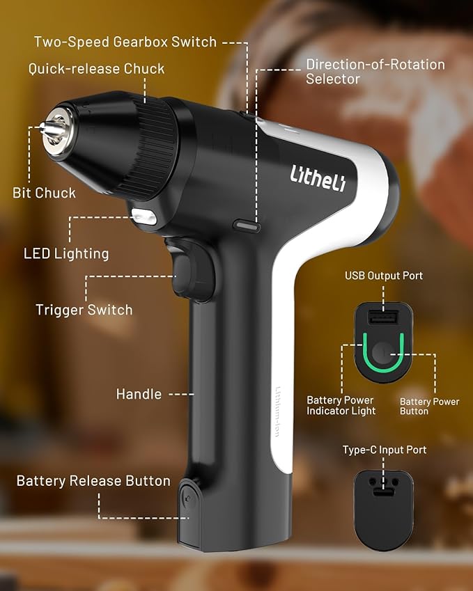 Litheli 4V Cordless Drill & Screwdriver, Brushless Power Drill Set with 2 Variable Speeds, 3/8" Keyless Chuck, 4000mAh Rechargeable Battery, LED Light, for Home DIY & Furniture Assembly