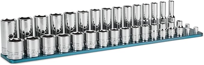 Capri Tools 3/8 in. Drive Master Chrome Socket Set, 6-Point, 8 to 22 mm, Shallow and Deep with Billet Aluminum Rail