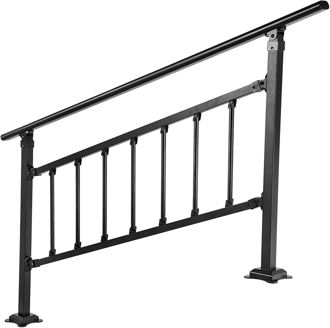 VEVOR Outdoor Stair Railing, Fits for 1-5 Steps Transitional Wrought Iron Handrail, Adjustable Exterior Stair Railing with Fence, Handrails for Concrete Steps with Installation Kit, Matte Black