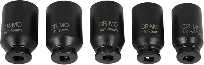 SCITOO 1/2 5PCS Drive Deep Impact Axle Hub Socket Set,Axle Nut Hub Impact,12 Point,30mm-36mm(30mm,32mm,34mm,35mm,36mm)