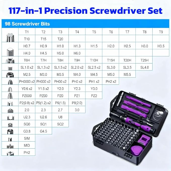 115 in 1 Precision Screwdriver Set, Mini Repair Tool Kit with Torx Triwing Bits, Repair for Computer, Macbook, Laptop, PC, RC, PS5, iphone, Electronics, XBOX,