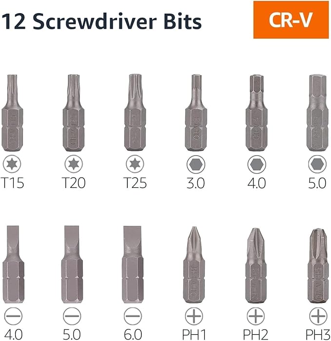 Amazon Basics 12 Piece Ratcheting Magnetic Screwdriver Set with Multiple Bits, Black, Blue, Silver