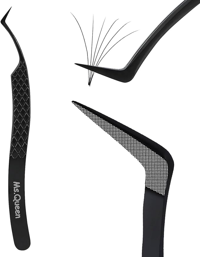 Ms.Queen Tweezers for Eyelash Extensions, Fiber Grip S-Curved Lash Tweezers for Inner Corner,Volume & Classic Lashes,Black