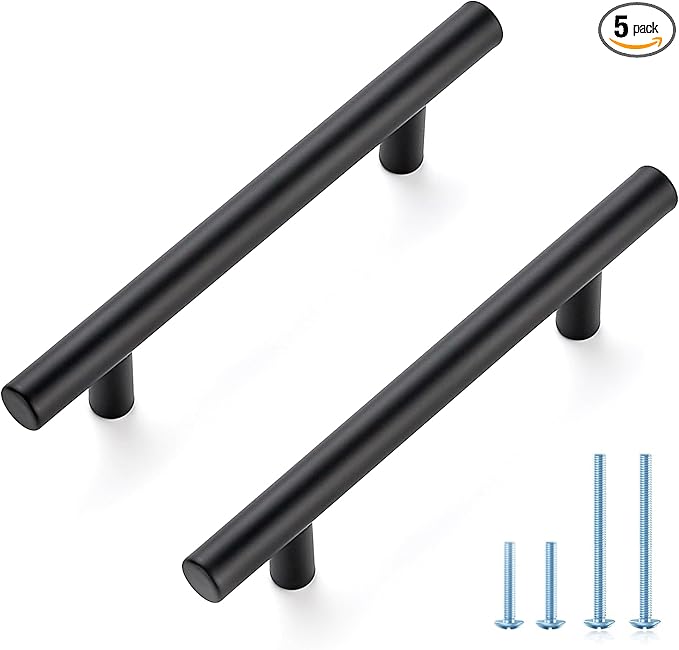 JOY DECOR 5 Pack 6 Inch Cabinet Pulls Kitchen Cabinet Handles with 3-3/4 Inch Hole Center Matte Black Cabinet Hardware Stainless Steel Kitchen Drawer Pulls for Cabinets Cupboard, 96mm Hole Centers