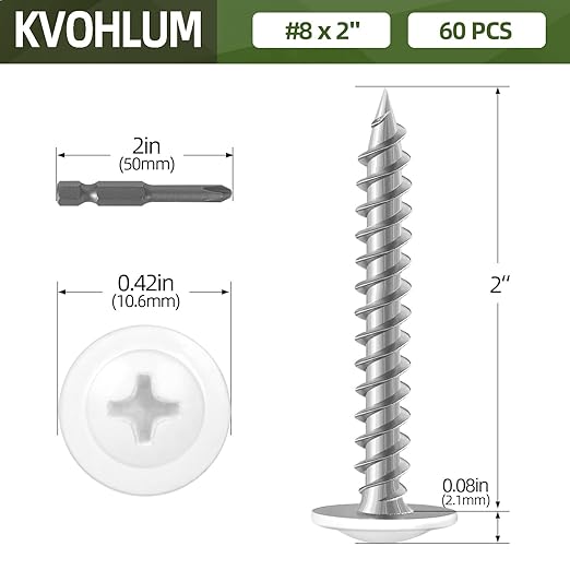 #8 x 2 (60 PCS) Modified Truss Head Wood Screws, Phillips Drive Quick Metal Self Tapping Screws, White Head, Full Thread, Screwdriver Bit Included
