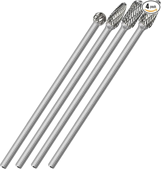 4Pcs Long Carbide Burr Set 1/4" Shank Total L 6.1" Die Grinder Bits Rotary Rasp Attachment Cut Port Grind Metal Cast Iron Steel Aluminum Cylinder Head Engine Intake Exhaust Manifold Tight Area