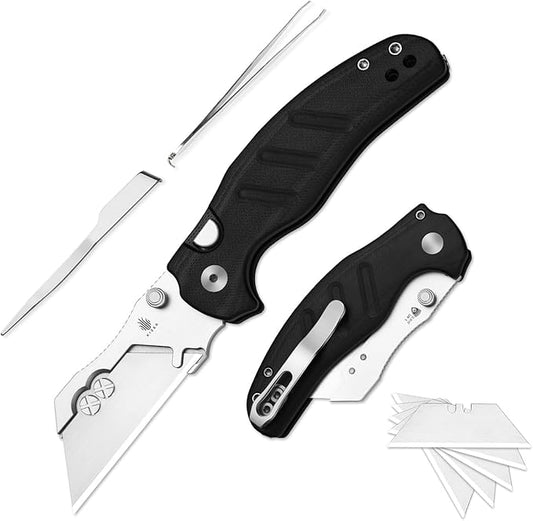 Kizer C01C Uti 1 (Dual-screw Version) Utility Knife, Button Liner Lock Box Cutter EDC Pocket Knife with 5PCS Razor Blades, Black G10 Handle Small Folding Knives with Clip for Men Women, V3488.29JSA3