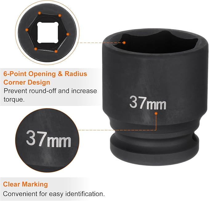 HARFINGTON 6-Point Impact Socket 3/4" Drive 37mm Metric 40Cr Alloy Steel Spindle Axle Nut Impact Socket