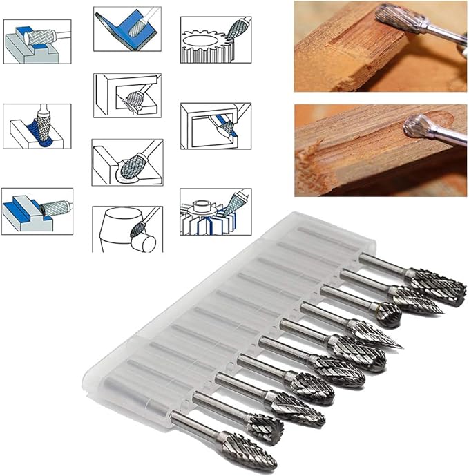 Double Cut Carbide Rotary Burr Set - 10 Pcs 1/8" Shank, 1/4" Head Length Tungsten Steel for Woodworking,Drilling, Metal Carving, Engraving, Polishing