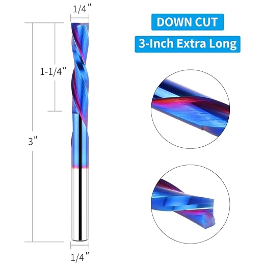 Down Cut Spiral Router Bit 1/4 Inch Shank, 1-1/4 Inch Cutting Length, Extra Long 3 Inch Overall Length, CNC Router Bits Set Downcut for Wood Milling Cutter