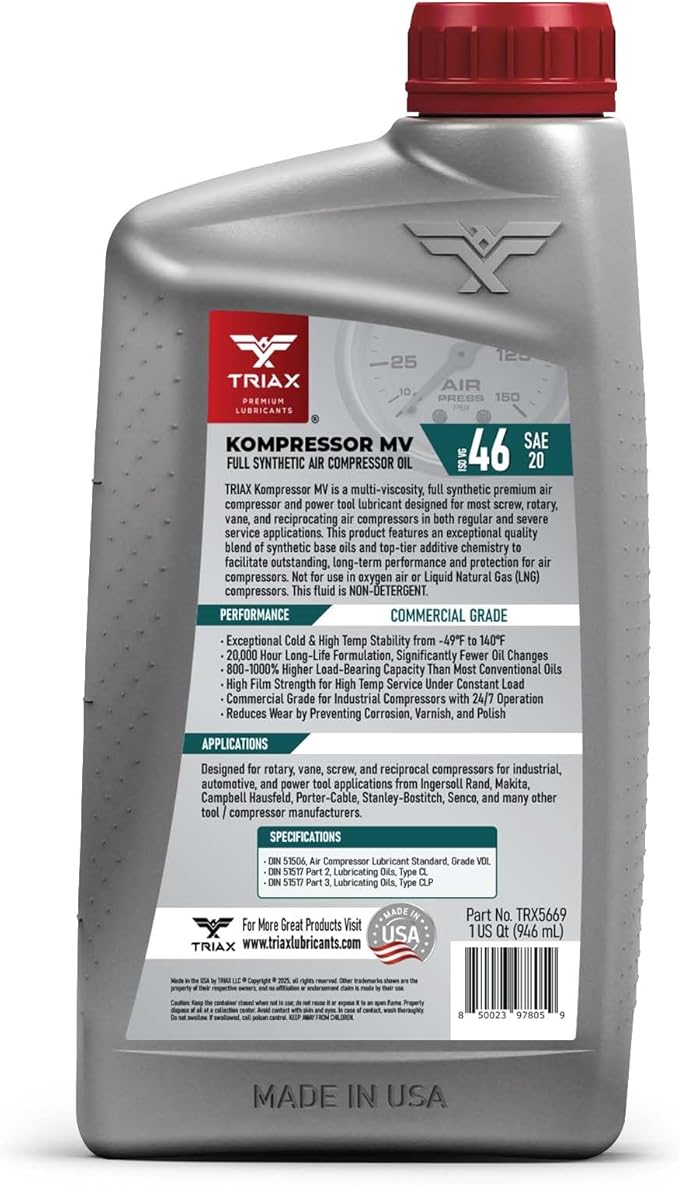 TRIAX Kompressor MV 46 / SAE 20 - Full Synthetic, Multi-Vis Air Compressor Oil - Commercial Grade - for Rotary, Vane, Screw, and Reciprocal - High Temp, 20,000 Hour Life, Non-Detergent (2 Quart Pack)