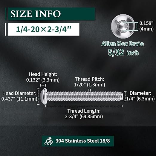 1/4-20 x 2-3/4" Button Head Socket Cap Bolts Screws, 304 Stainless Steel 18-8, Allen Hex Drive, Bright Finish, Fully Machine Thread, Pack of 20