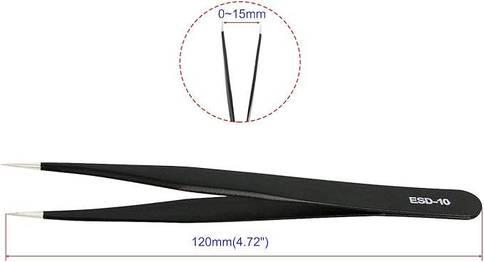 Aoje-Link ESD-10 Professional Anti-Static Precision Technology Tweezers, Non-magnetic Straight Pointed Tip, Stainless Steel Plastic Coated, Full Length 120mm, Black, 2pcs