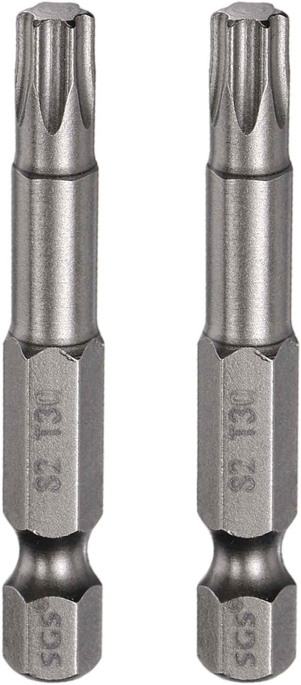 HARFINGTON 2pcs T30 Torx Head Screwdriver Bit 1/4" Hex Shank 2" (50mm) Long Magnetic No Hole Tip Tamper Proof 6 Point Star Screw Driver Drill Bits S2 Steel Industrial Power Screwdrivers