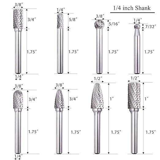 TJATSE Professional 8-Piece Double Cut Carbide Rotary Burr Set 1/4" Shank with Tool Carry Case, for Die Grinder Drill, Metal Wood Carving, Engraving, Polishing, Drilling
