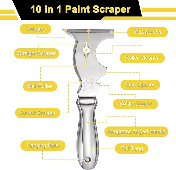 uxcell 10-In-1 Paint Scraper 3" Stainless Steel One Piece Multi-Use Putty Knife Painter Tool Drywall Repair Mud Knife for Removing Cement Wallpaper Mud Adhesive Taping with Hammer End