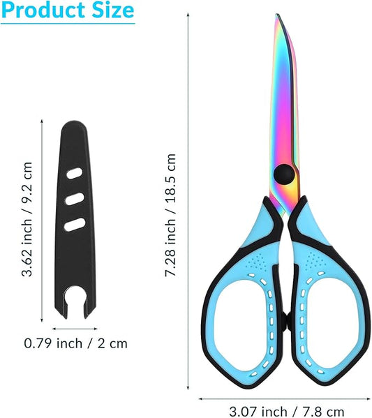 Scissors with Case, 1 Pair of Stainless Steel Titanium Coated Multi-purpose Scissors, Fabric Sewing Office Craft Soft Grip Pointed Shears Cutter for Home School Supplies (Blue & Rainbow)