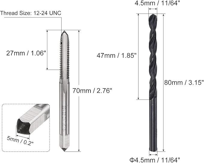 uxcell Tap and Drill Bit Set, 12-24 UNC Thread Tap & 11/64" Black Oxide Twist Drill Bit, Straight Flute Tap Tapping Threading Repair Tool Kit