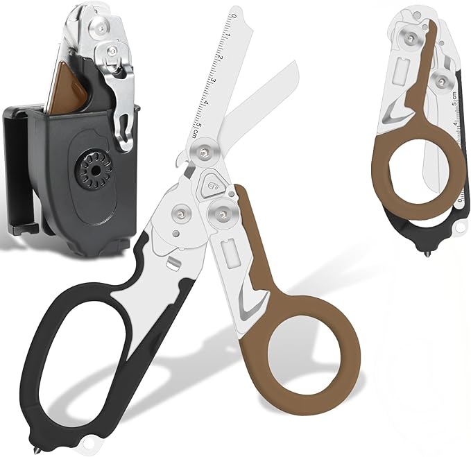 6-in-1 Heavy Duty Emergency/Trauma Shears, with Carbide Glass Breaker, Ring Cutter, Foldable, Stainless Steel Multi-Purpose Scissors for Hospital, Home, Camping, and Travel Rescue Tools (Black+Tan)