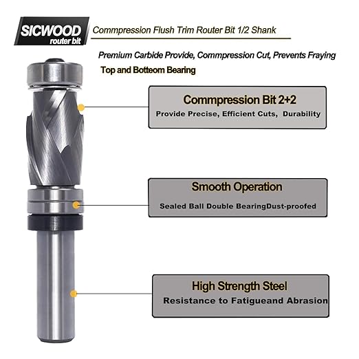 Compression Top and Bottom Bearing Flush Trim Router Bit 1/2 Shank - 3/4" Cutting Dia, 1-3/16" Height, Carbide Spiral Up-Down Pattern Template Flush Cut Router Bit, for Wood Trimming