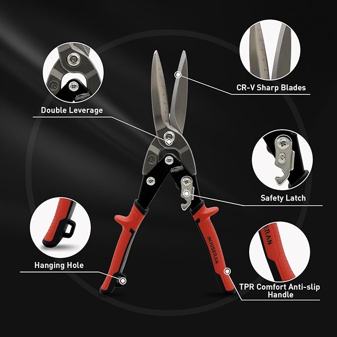 12 Inch Aviation Snips, Long Straight Cut Tin Snips, Heavy Duty CR-MO Metal Cutters with Double Lever, Scale Markings & Safety Lock, Shears Scissors for Cutting Metal Sheet