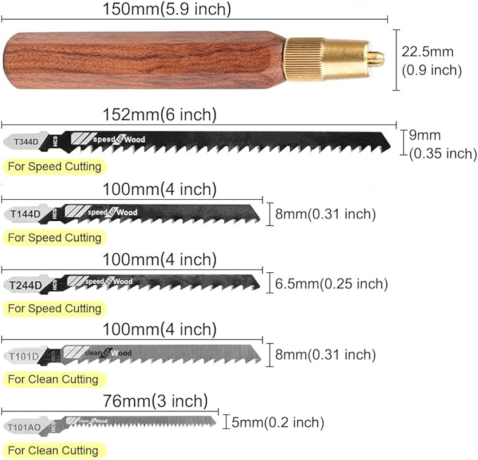 TOOLCOOL Wooden Handle Mini Hand Saw Small Jig Saw With 5 Pcs Fine Coarse Teeth Jigsaw Blades Woodworking Tools for Wood Cutting and Tree Branch Trimming (Hex Handle)