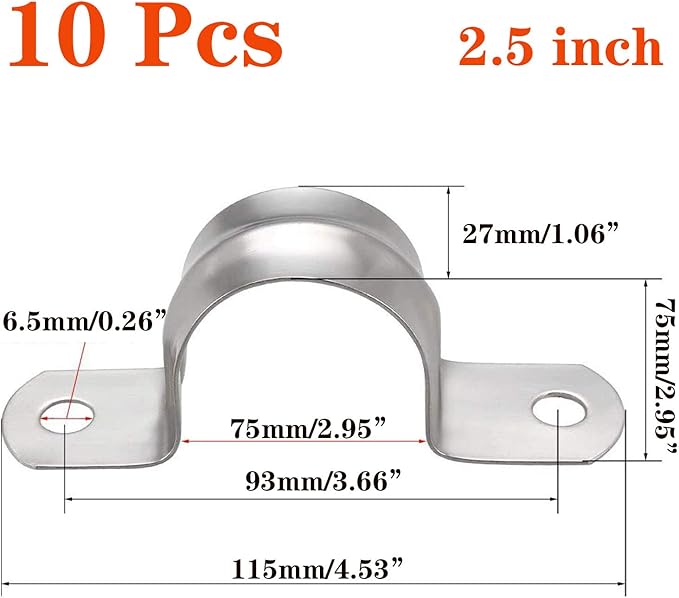 10 Pcs 2.5inch Rigid Pipe Strap,Two Hole Stainless Steel Strap U Bracket, Widened Tube Strap Tension Clip Assortment Kit Heavy Duty Pipe Clamp（75mm）