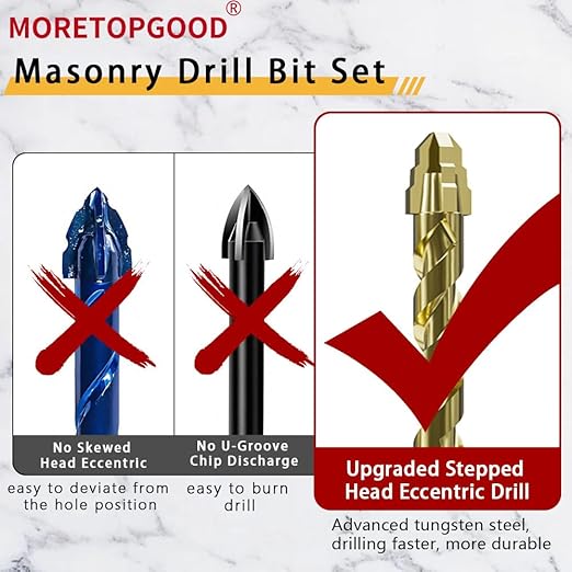 Masonry Drill Bit Set for Ceramic Tile, Concrete Drill Bit with Tungsten Carbide Tip for Marble, Cinder Block, Glass, Brick, Metal, Cement, Concrete, Plastic, Wood, Granite and Wall,5PCS