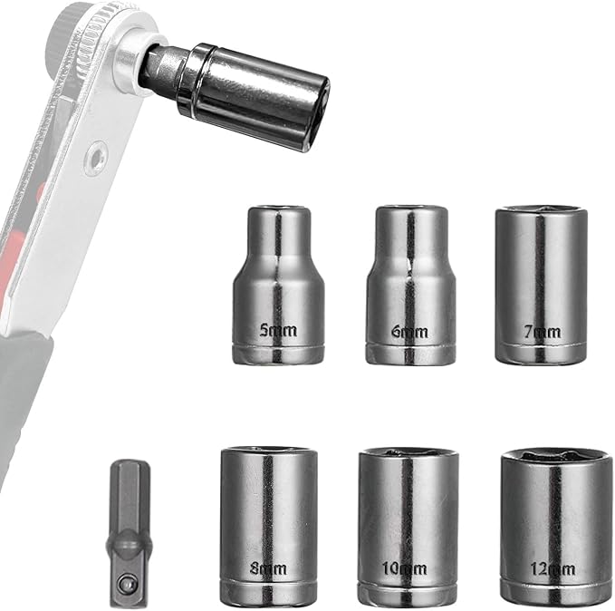 6 Pcs Scoket Set, 1/4" Drive, 5-6-7-8-10-12mm with 1 Pcs Adpter for Interchangeable Ratchet Screwdriver Set