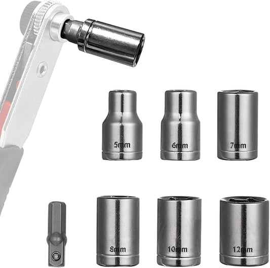 6 Pcs Scoket Set, 1/4" Drive, 5-6-7-8-10-12mm with 1 Pcs Adpter for Interchangeable Ratchet Screwdriver Set